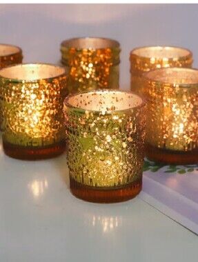 Lot Of 12 Pre-owned Ornate Gold Glass Votive Holders